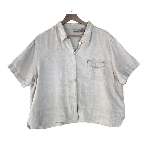 Chico’s Linen Shirt Size 1 (M) Beige Short Sleeve Button Up Minimalist Coastal - Picture 4 of 9